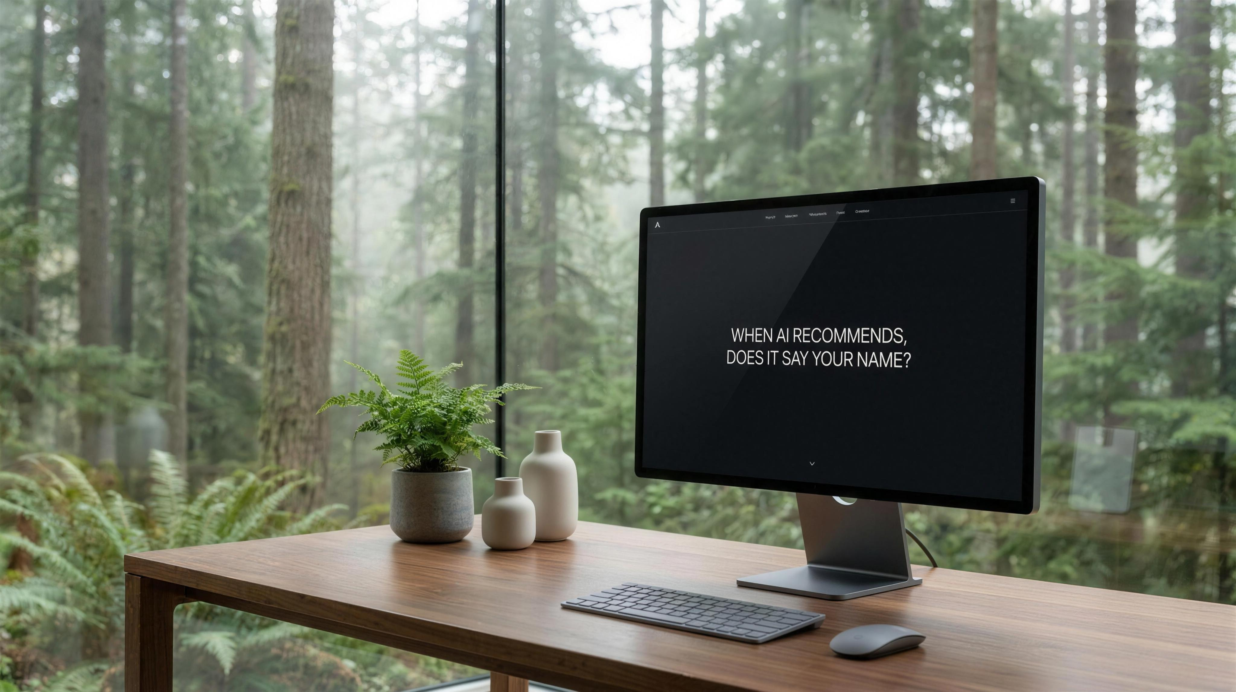 A monitor on a walnut desk inside a glass cabin, its screen reading "When AI recommends, does it say your name?", with a misty Pacific Northwest forest filling the windows behind it.